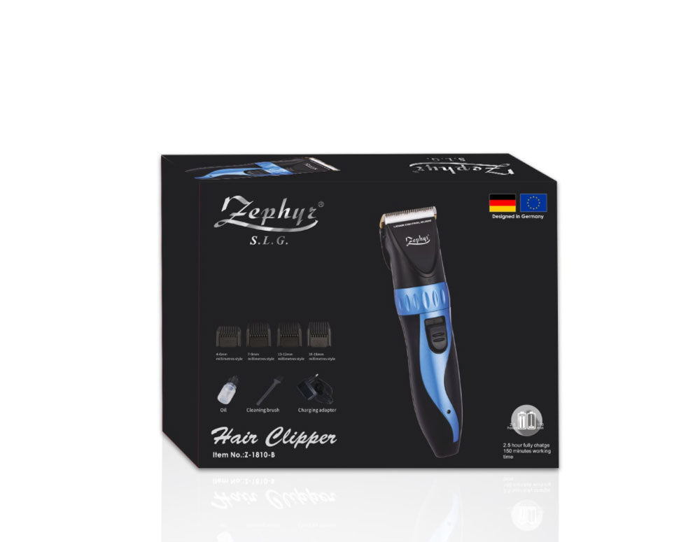 Mașină de tuns ZEPHYR ZP 1810 B, 4 accesorii, Accesorii, Fără fir, Negru/albastru 