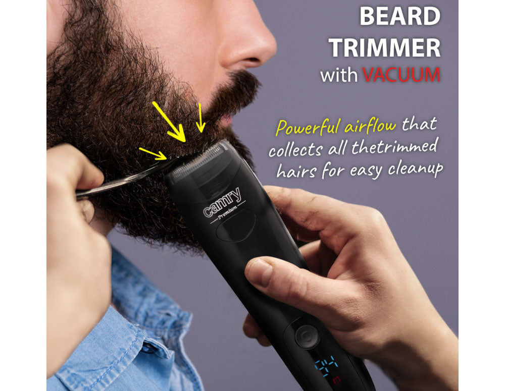 Aspirator de tuns barba Camry CR 2833, fără fir, afișaj LCD, încărcare USB, 2 accesorii, negru