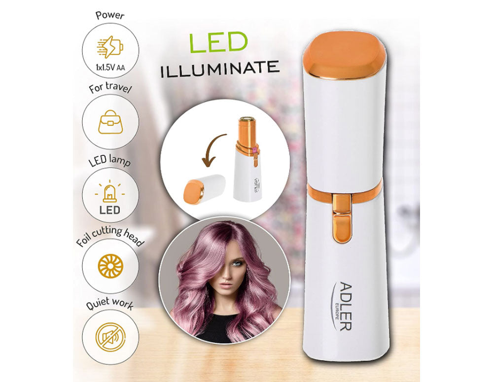 Aparat de tuns facial pentru femei ADLER AD 2939, lumină LED, fără fir, perlat/auriu 