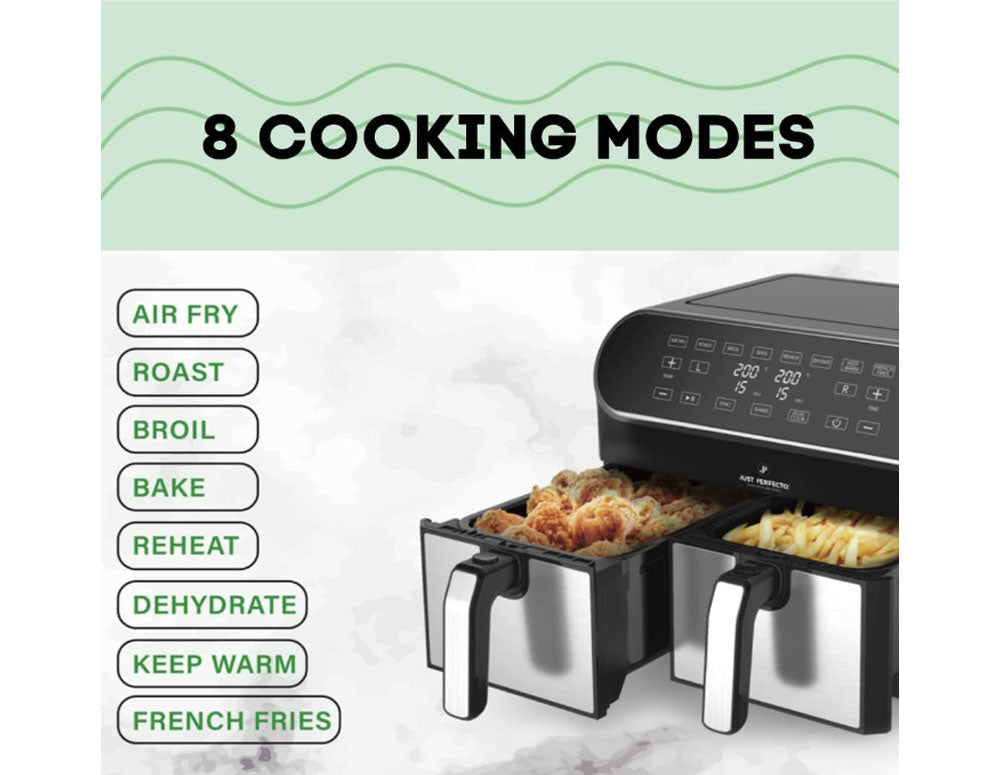 Friteuză cu aer cald JUST PERFECTO JP 1980 JL10, 1700W, 8 litri, 8 programe, Două coșuri, Negru/oțel inoxidabil 