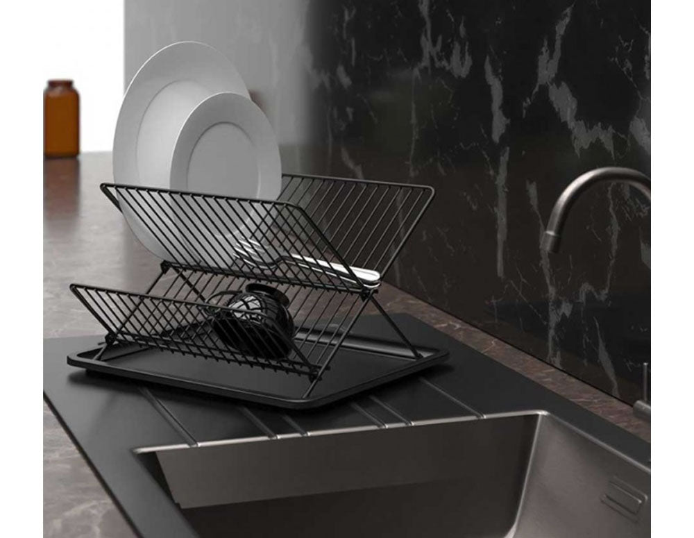Uscător de vase pliabil ZEPHYR ZP-3000-TXBM, 2 niveluri, 36x30x21 cm, Negru mat 