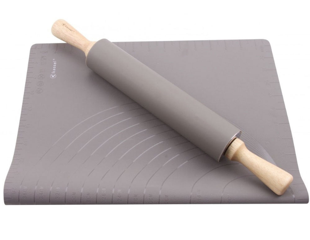 Set de covorașe pentru frământat, întins, copt și sucitor Kassel K 93708, 2 părți, silicon și lemn, gri