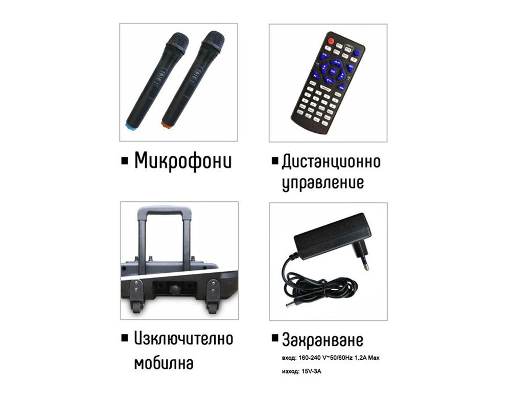 Boxă karaoke ZEPHYR ZP 9999 E, ecran LED color de 15", Bluetooth, MP3, 2 microfoane wireless, Negru 