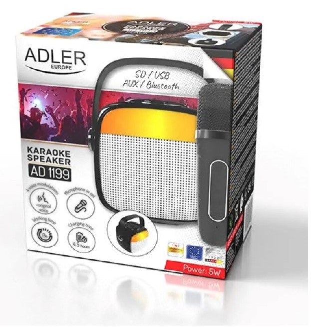 Boxă karaoke cu microfon Adler AD 1199, Wireless, autonomie 8h, USB-C, Bluetooth 5.1, Negru