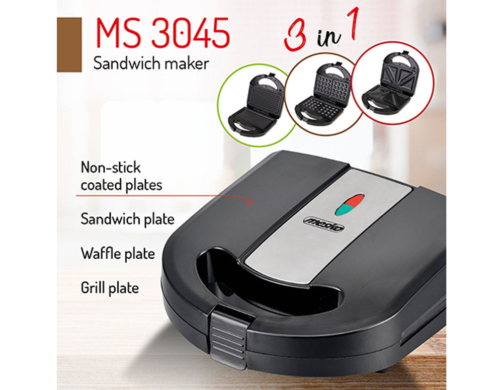 Aparat de sandvișuri și gofre 3 în 1 Mesko MS-3045, 1000W, 3 plăci interschimbabile, Înveliș antiaderent, Negru 