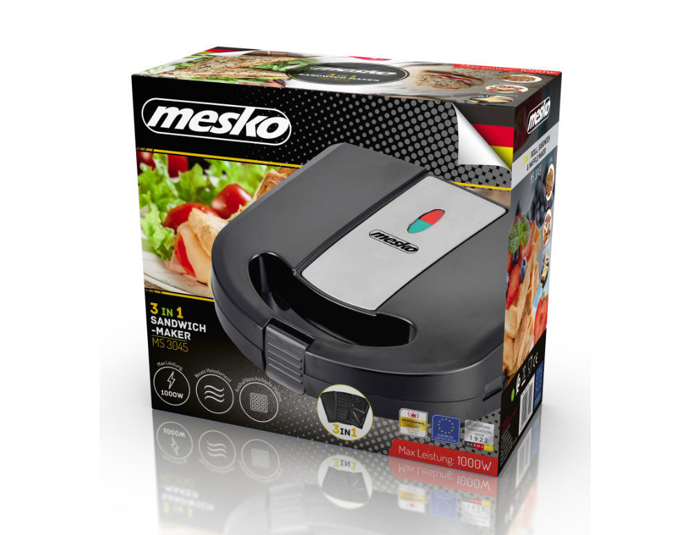 Aparat de sandvișuri și gofre 3 în 1 Mesko MS-3045, 1000W, 3 plăci interschimbabile, Înveliș antiaderent, Negru 