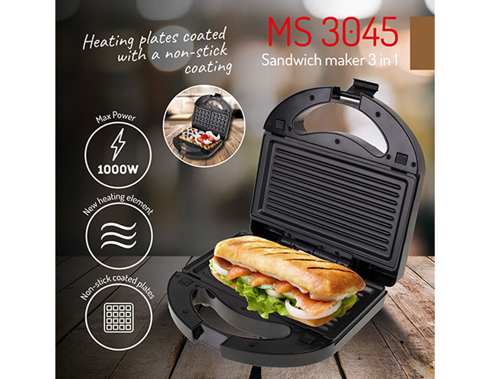Aparat de sandvișuri și gofre 3 în 1 Mesko MS-3045, 1000W, 3 plăci interschimbabile, Înveliș antiaderent, Negru 