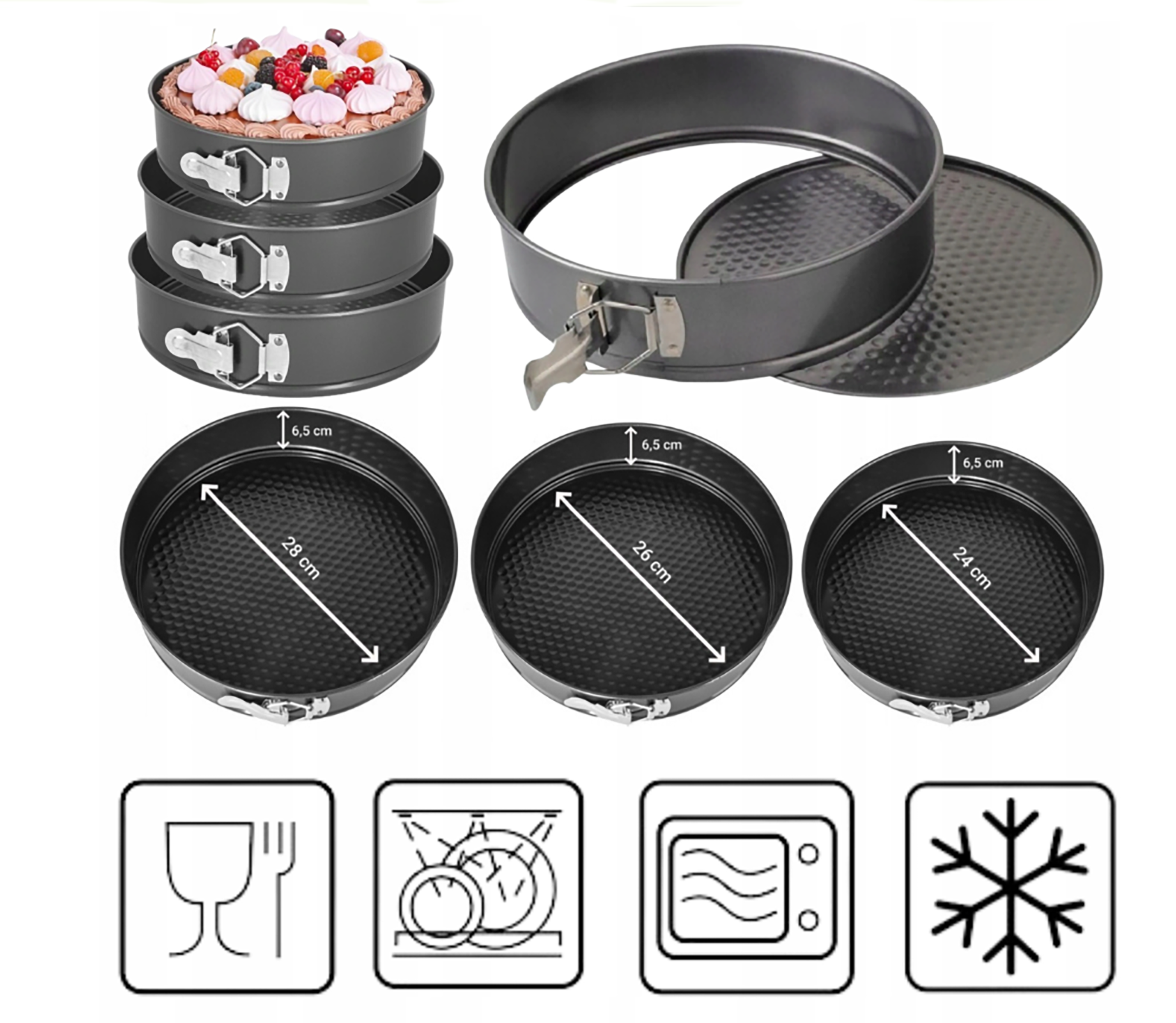 Set de forme de tort cu fund rabatabil ESPERANSA ES 1223 HS26, 24/26/28 cm, strat antiaderent, gri