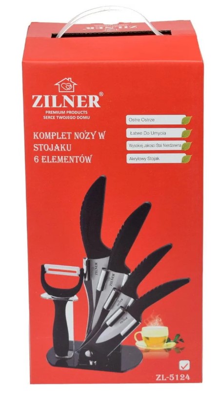 Set cuțite cu suport ZILNER ZL 5124, 6 piese, Cuțit de curățat, Înveliș ceramic, Negru 