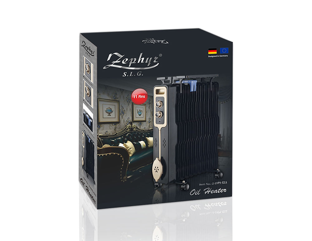 Calorifer ZEPHYR ZP 1971 G11, 2500W, 11 aripioare, 3 niveluri, Suport pentru haine, Termostat reglabil, Negru 