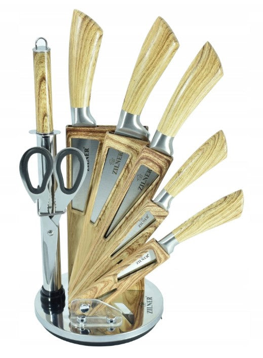 Set cuțite cu suport ZILNER ZL 5122, 8 piese, Ascuțitoare, Foarfece, Oțel inoxidabil, Mâner din lemn 