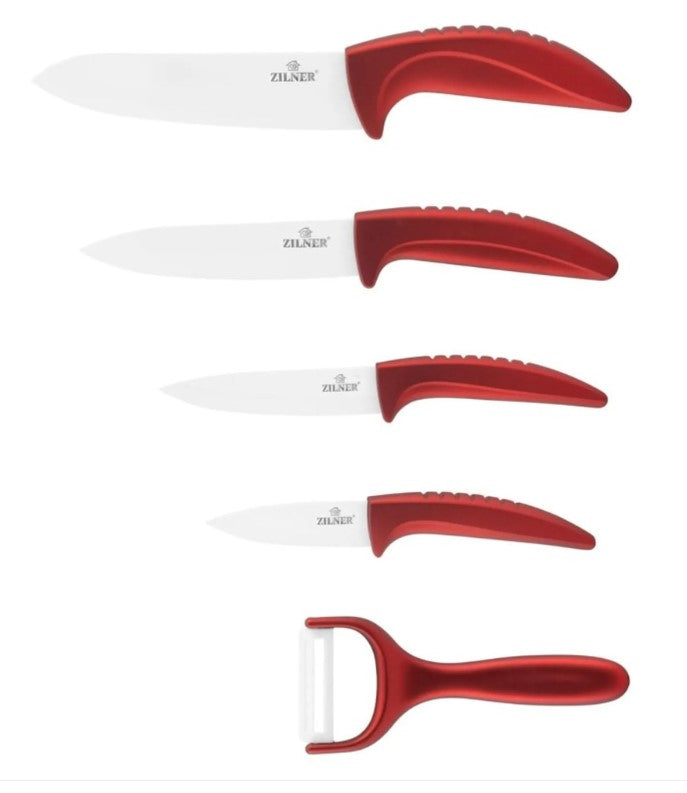 Set de cuțite cu suport ZILNER ZL 5123, 6 piese, Cuțit de curățat, Înveliș ceramic, Roșu 