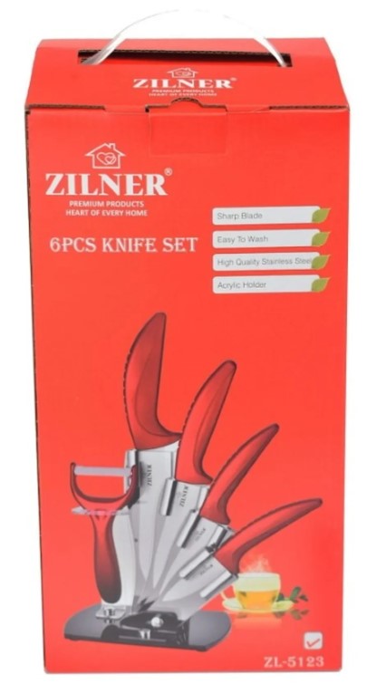 Set de cuțite cu suport ZILNER ZL 5123, 6 piese, Cuțit de curățat, Înveliș ceramic, Roșu 