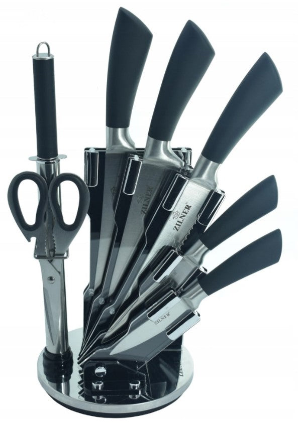 Set cuțite cu suport ZILNER ZL 5127, 8 piese, Ascuțitor, Foarfece, Oțel inoxidabil, Negru 