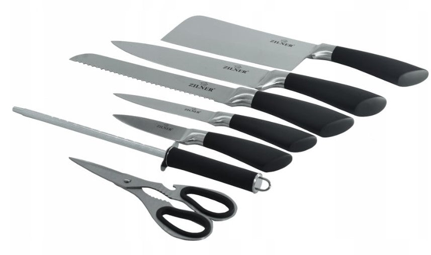 Set cuțite cu suport ZILNER ZL 5127, 8 piese, Ascuțitor, Foarfece, Oțel inoxidabil, Negru 