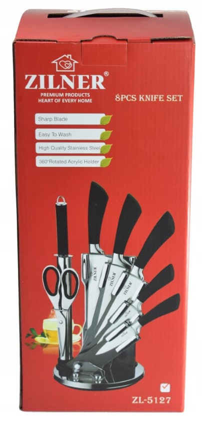 Set cuțite cu suport ZILNER ZL 5127, 8 piese, Ascuțitor, Foarfece, Oțel inoxidabil, Negru 