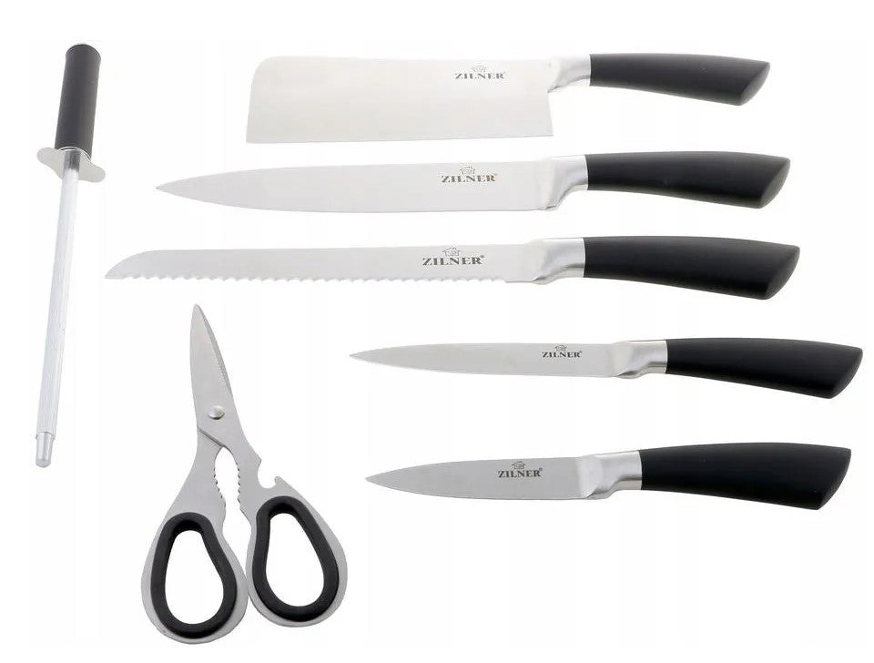 Set cuțite cu suport ZILNER ZL 5127, 8 piese, Ascuțitor, Foarfece, Oțel inoxidabil, Negru 
