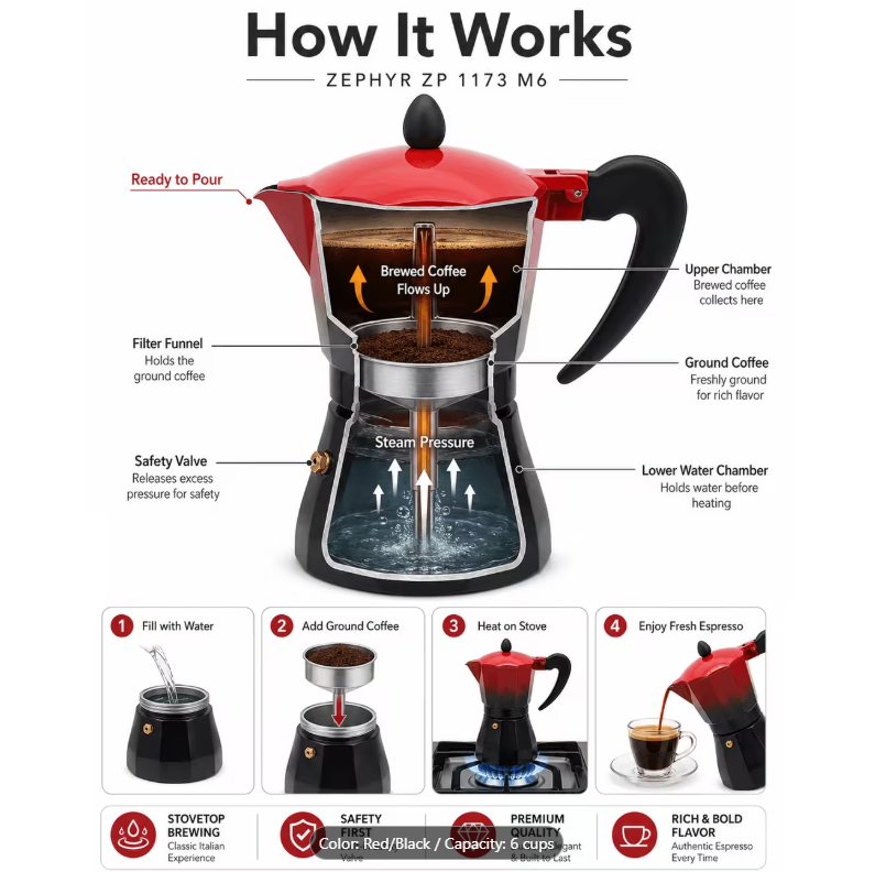 Cafetieră cubaneză ZEPHYR Red Passion ZP 1173 M6, 6 cești, ~380 ml, Supapă de siguranță, Roșu/negru 