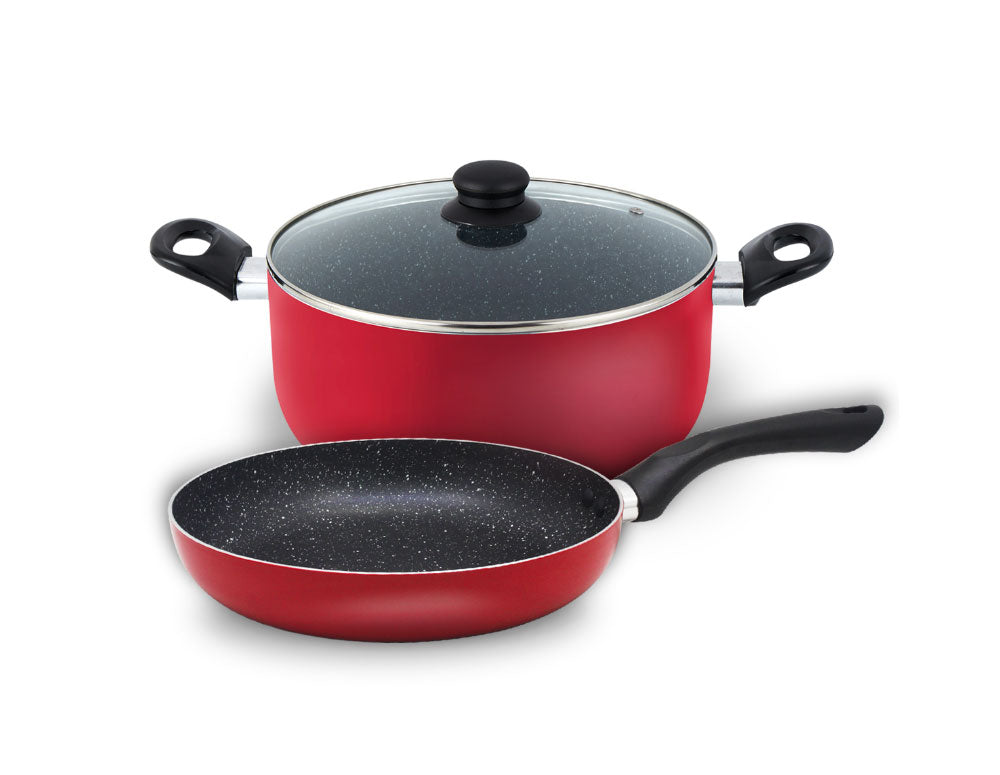Set oale și tigăi SAPIR SP 1318 P3, 3 piese, 24 cm, Finisaj marmorat, Roșu 