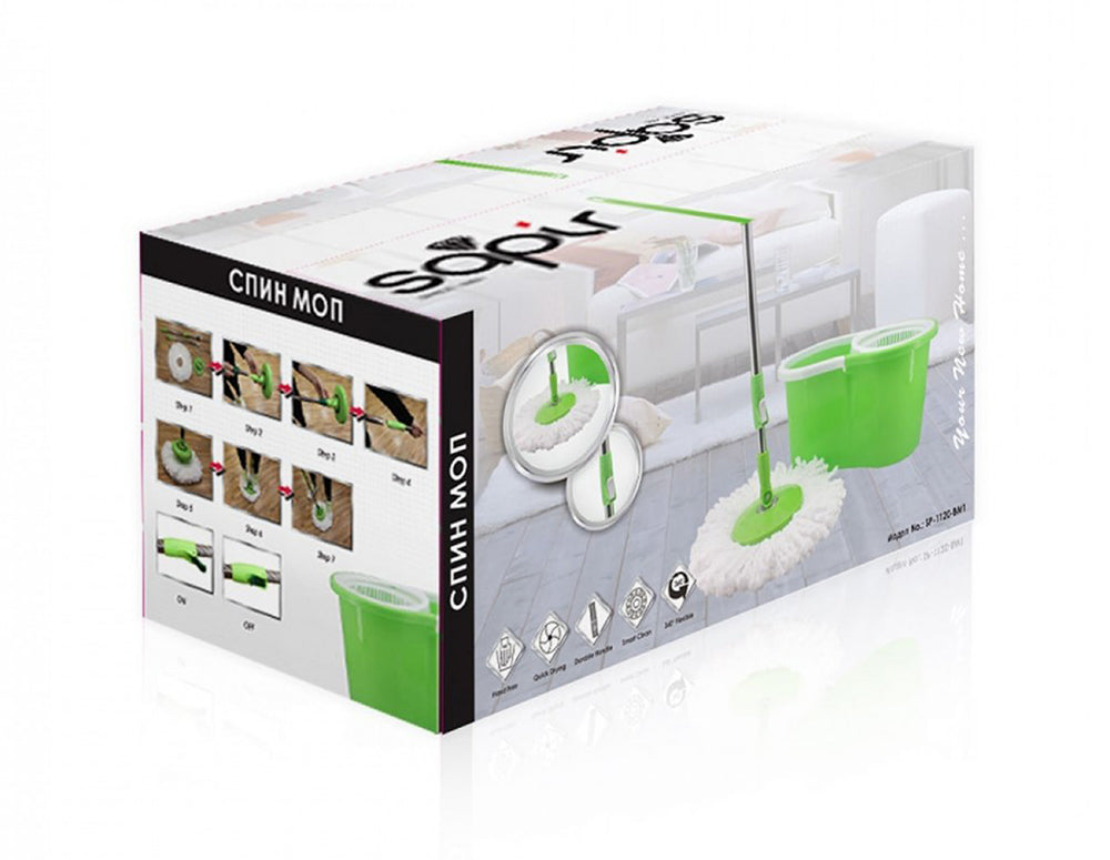 Mop centrifugal SAPIR SP 1120 BM1, 2 capete din microfibră, Centrifugă, Mâner din oțel, Verde