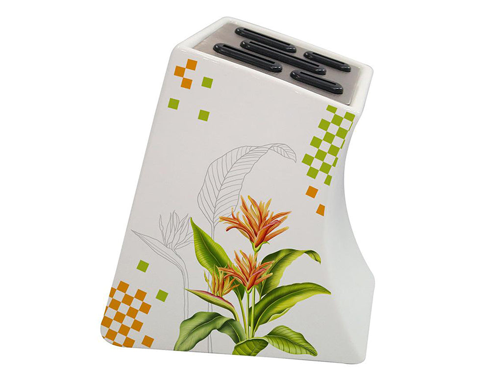 Suport pentru 5 cuțite ZEPHYR ZP 1645 C, Corp ceramic, Lamă 7/12/20 cm, Alb cu decorațiuni 