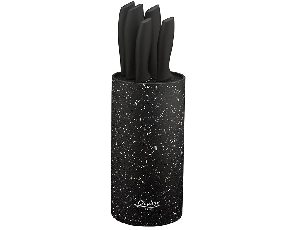 Set cuțite cu suport ZEPHYR ZP 1633 VM6, 6 piese, Finisaj marmorat, Negru 