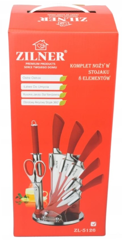 Set cuțite cu suport ZILNER ZL 5126, 8 piese, Ascuțitor, Foarfece, Oțel inoxidabil, Roșu 