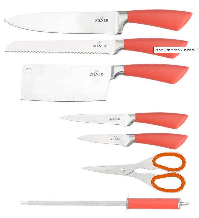 Set cuțite cu suport ZILNER ZL 5126, 8 piese, Ascuțitor, Foarfece, Oțel inoxidabil, Roșu 